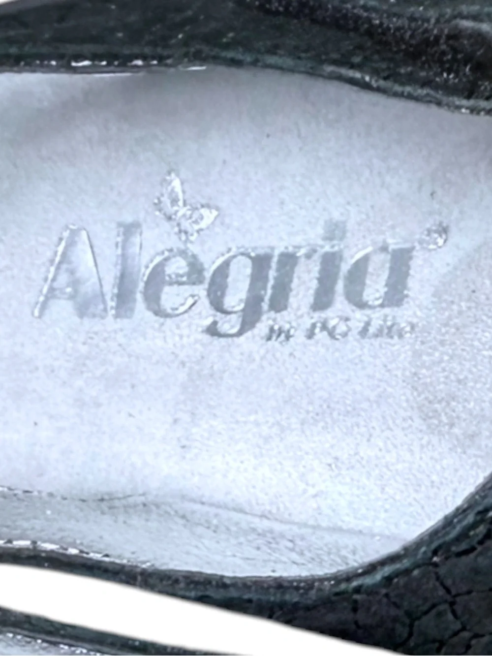 Alegria Vienna Waverly Black Crackle Leather Velcro Silver Heart Sandals NWOT